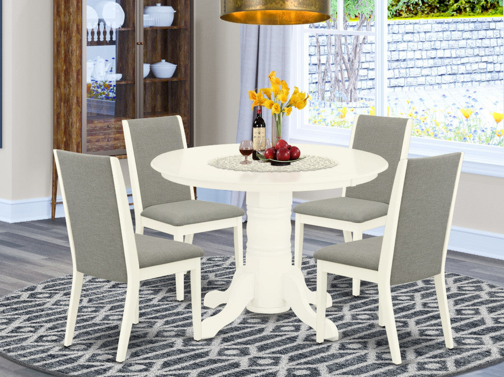 5Pc Dining Set - 4 Chairs, Round Table Hardwood Frame -High Back & Linen White