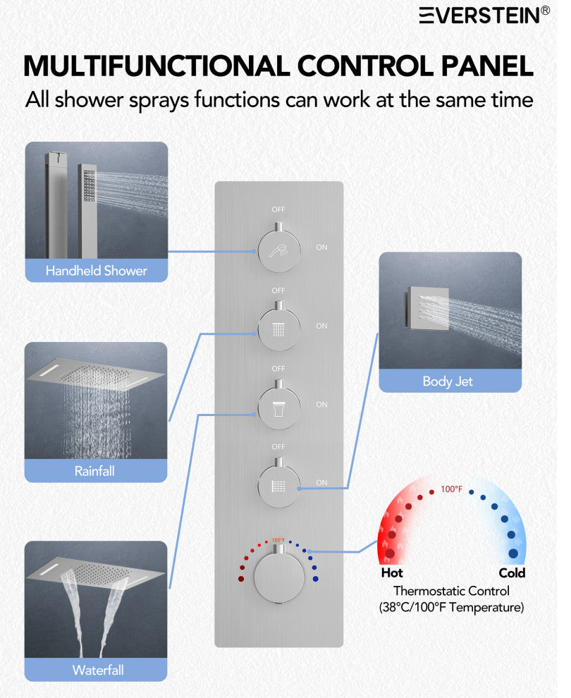 LED Thermostatic Shower System Rain Shower Head With 6 Body Jets, Brushed Nickel, 23"x15", Slide Bar