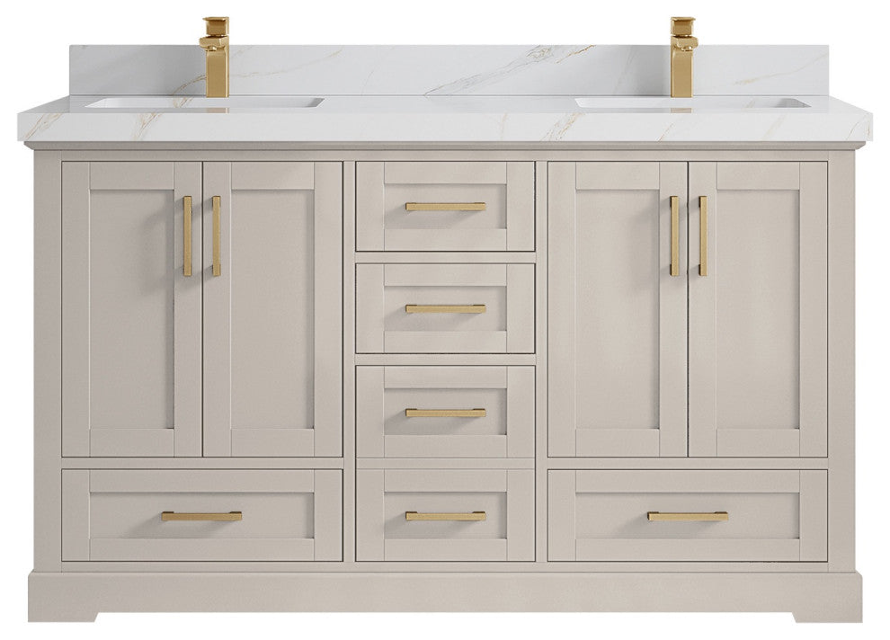Boston 60" Double Bathroom Vanity in Fine Grain 2" Calacatta Sienna