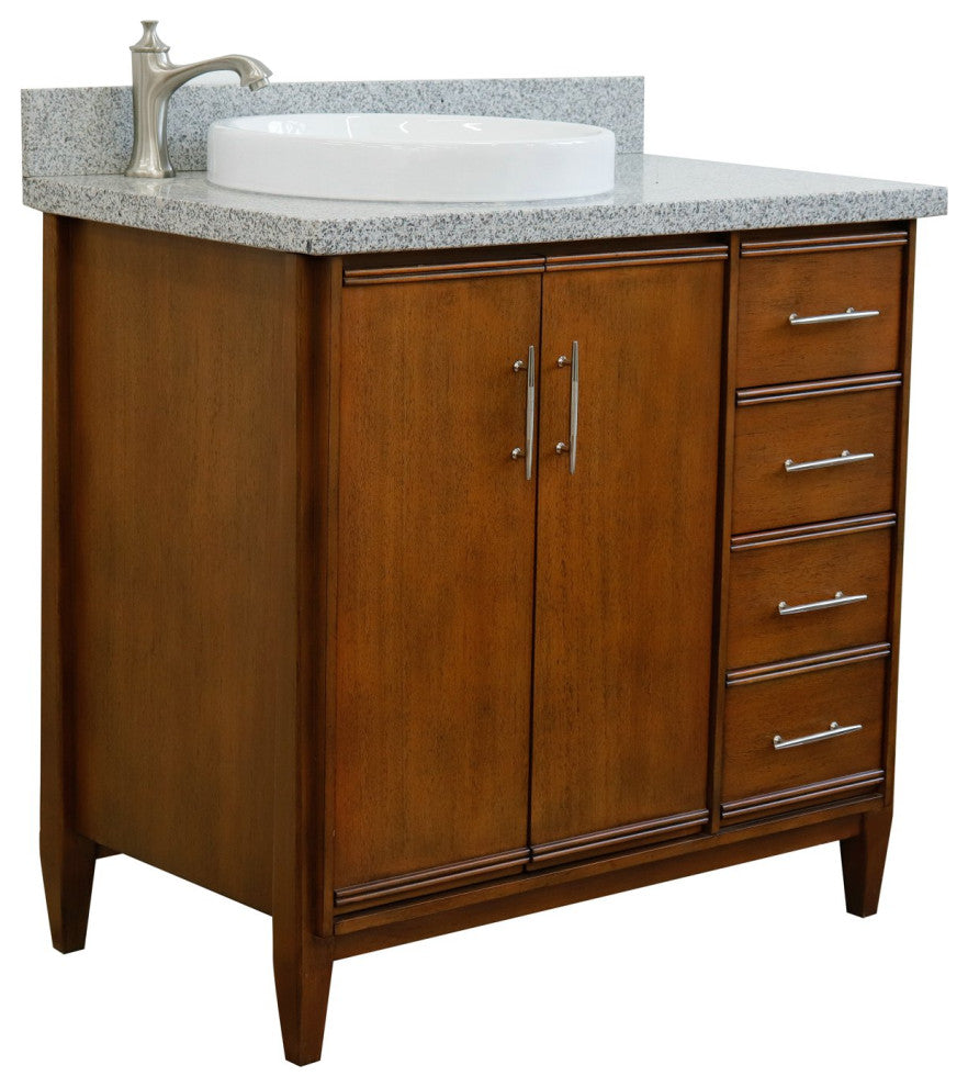 37" Single Vanity, Walnut Finish With Gray Granite