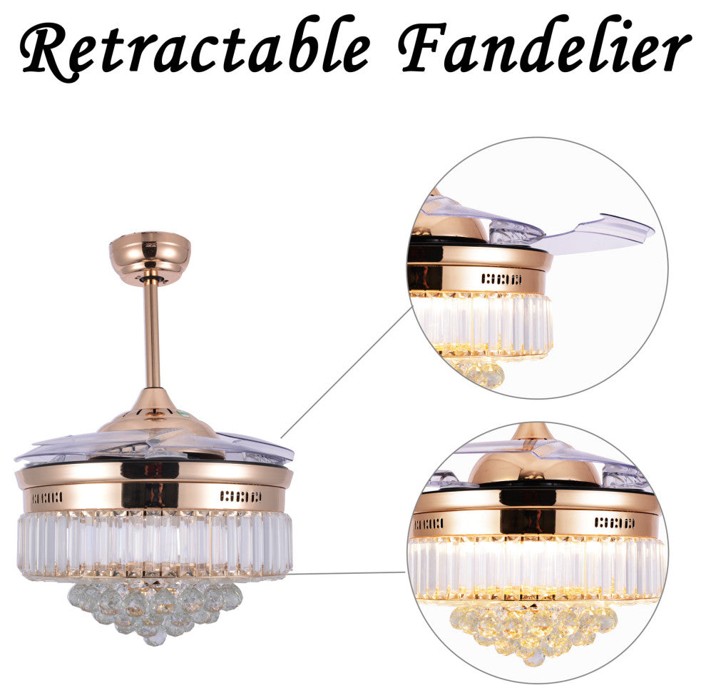 Unique Caged Ceiling Fan with Remote, LED light, Retractable Blades, French Gold