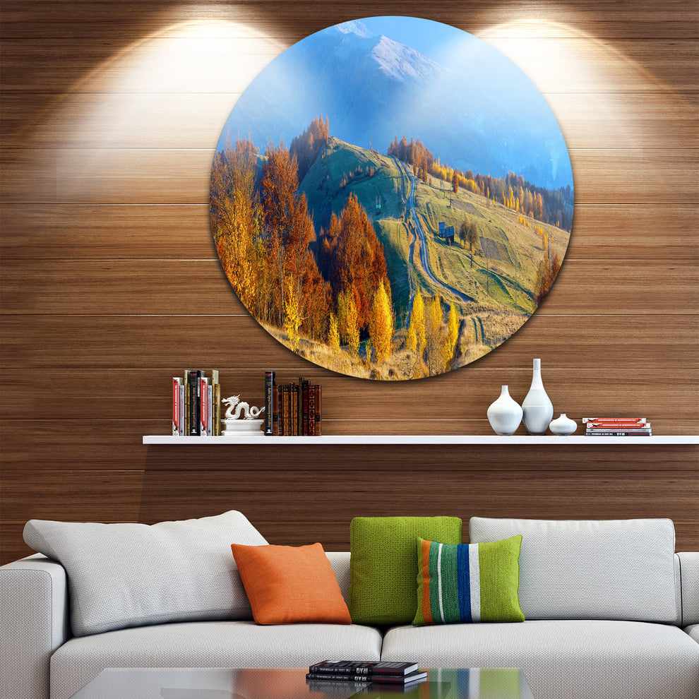 Rural Road On Autumn Mountains, Landscape Round Wall Art, 11"