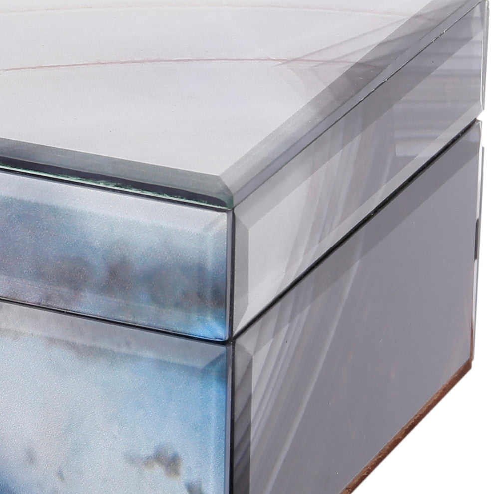 Benzara BM285522 8, 6" Jewelry Box, Blue Silver Marble Effect, Glass and Stone