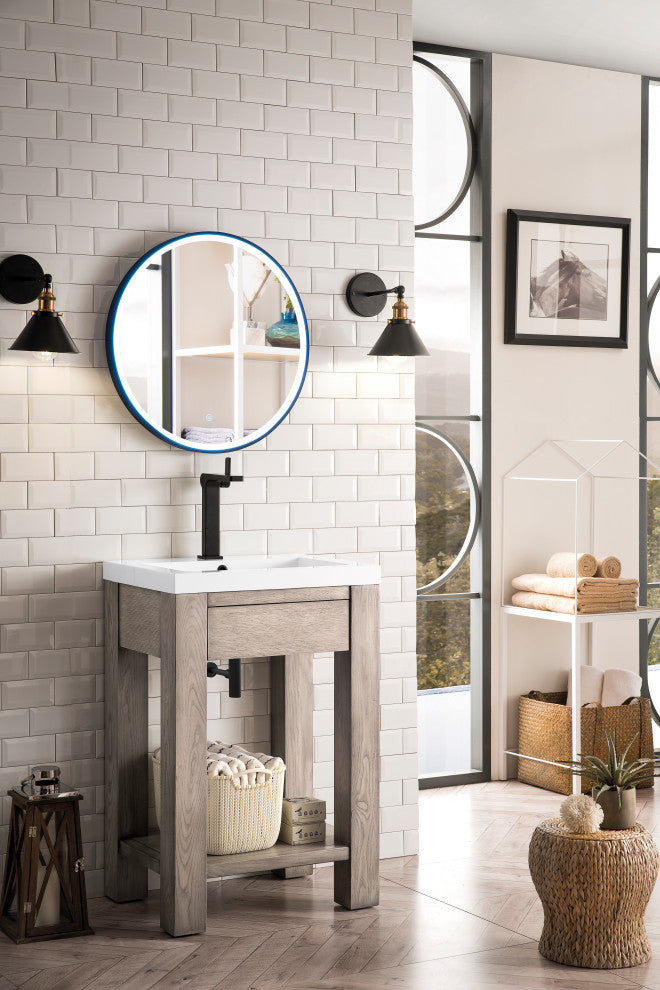 Brooklyn 24" Wooden Sink Console, Platinum Ash, White Glossy Resin Countertop