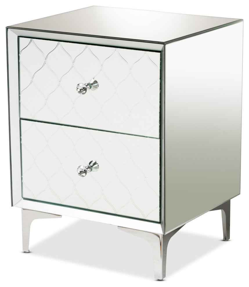 Kacela Silver Finished Metal 2-Drawer Nightstand with Mirrored Glass