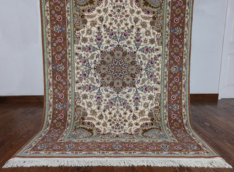 Hand Knotted Wool and Silk Authentic Signed Persian Isfahan Rug, 5'x8'
