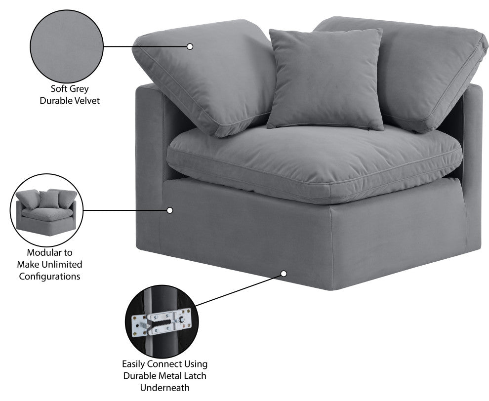 Indulge Upholstered Modular Chair, Grey, Down Stuffed Velvet, Corner Chair