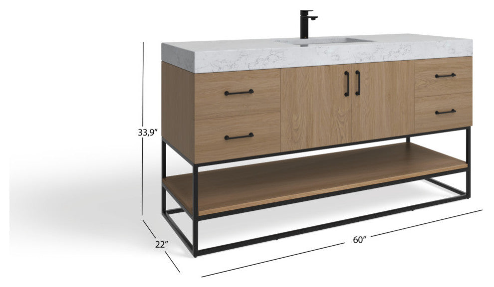 Bahia Bath Vanity, Oak, 60", Matte Black Hardware, Single, Freestanding