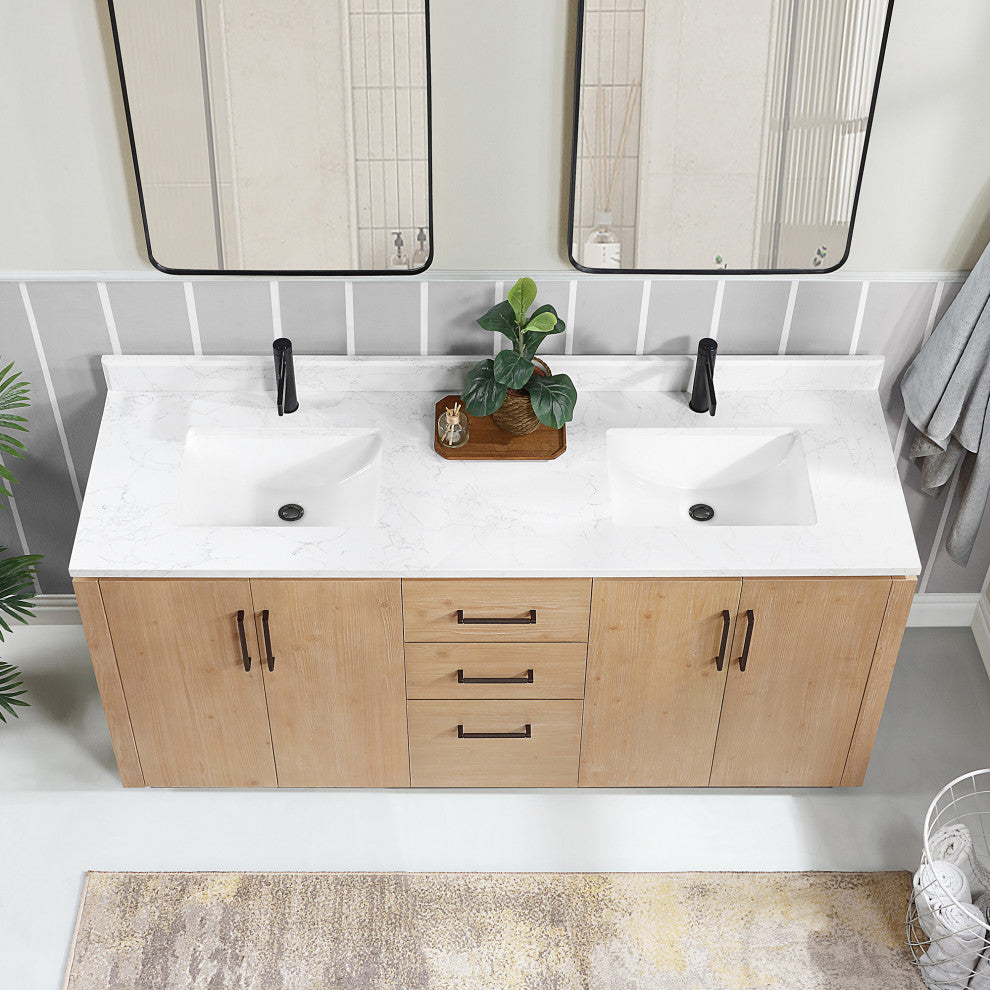San Bath Vanity with Stone Top, Fir Wood Brown, 72", Double Vanity, No Mirror