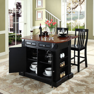 Drop Leaf Breakfast Bar Top Kitchen Island, Black, 24" Black School House Stools