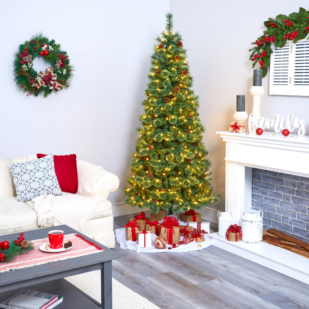 7' White Mountain Pine Faux Xmas Tree With 400 Clear LED Lights and Pine Cones