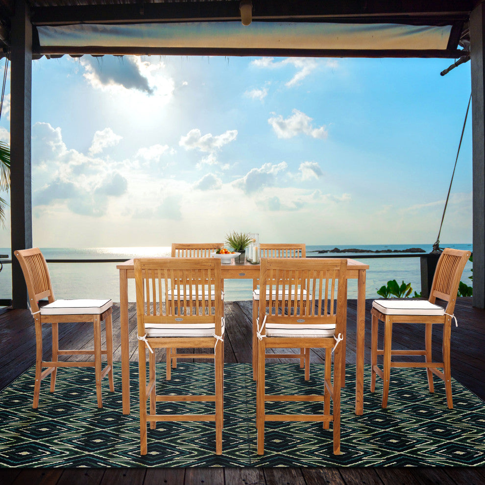 7 Piece Teak Wood Castle 71" Rectangular Patio Bistro Bar Set with 6 Barstools