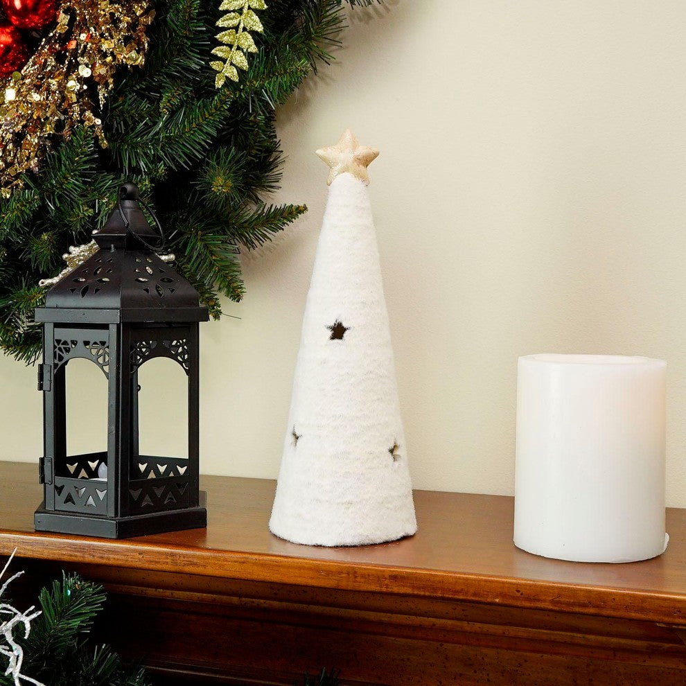 11.5" LED Lighted White Christmas Tree, Star Cut-Outs Table Top Figure