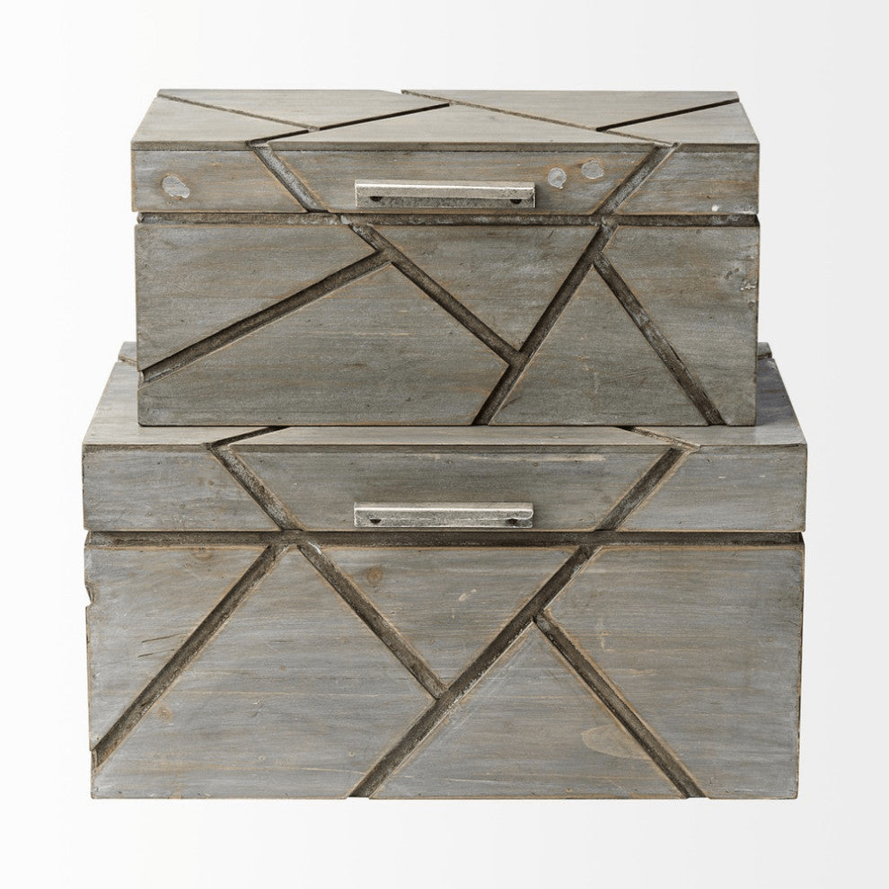 Set of Two Gray Wooden Boxes With Carved Details