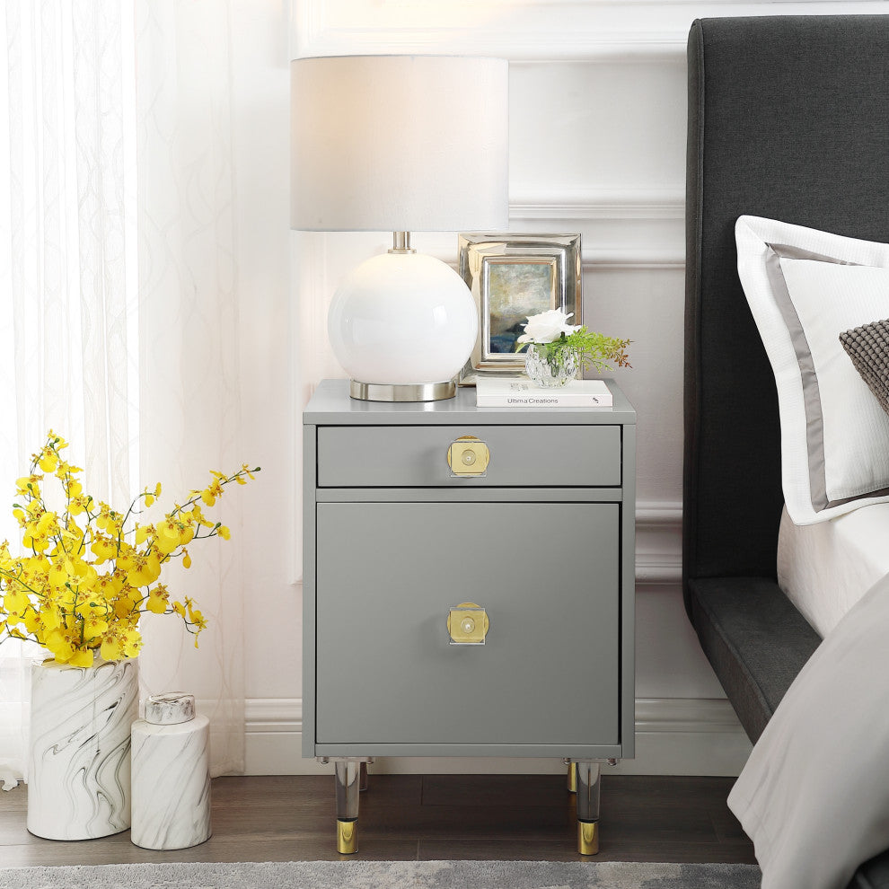 Nicole Miller Anatolio Nightstand High Gloss Acrylic Knob and Legs, Light Gray