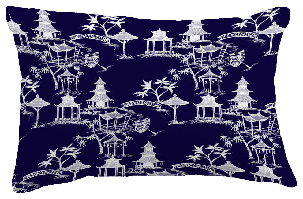 Chinapezka Floral Print Throw Pillow With Linen Texture, Navy Blue, 14"x20"