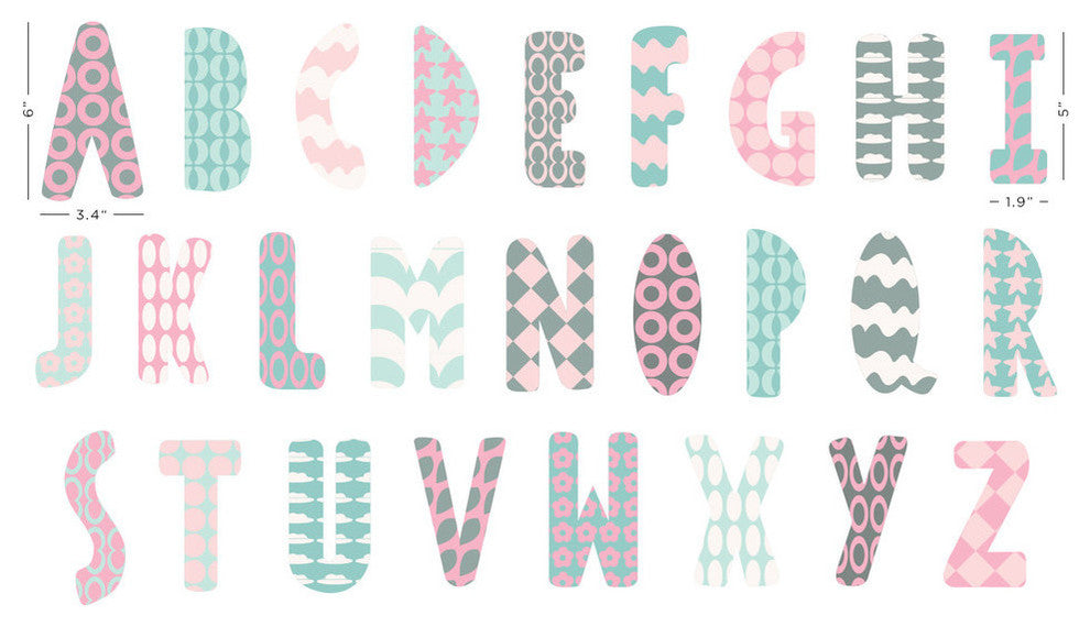 Modern Alphabet Fabric Wall Decals in Pink, Grey, and Light Blue