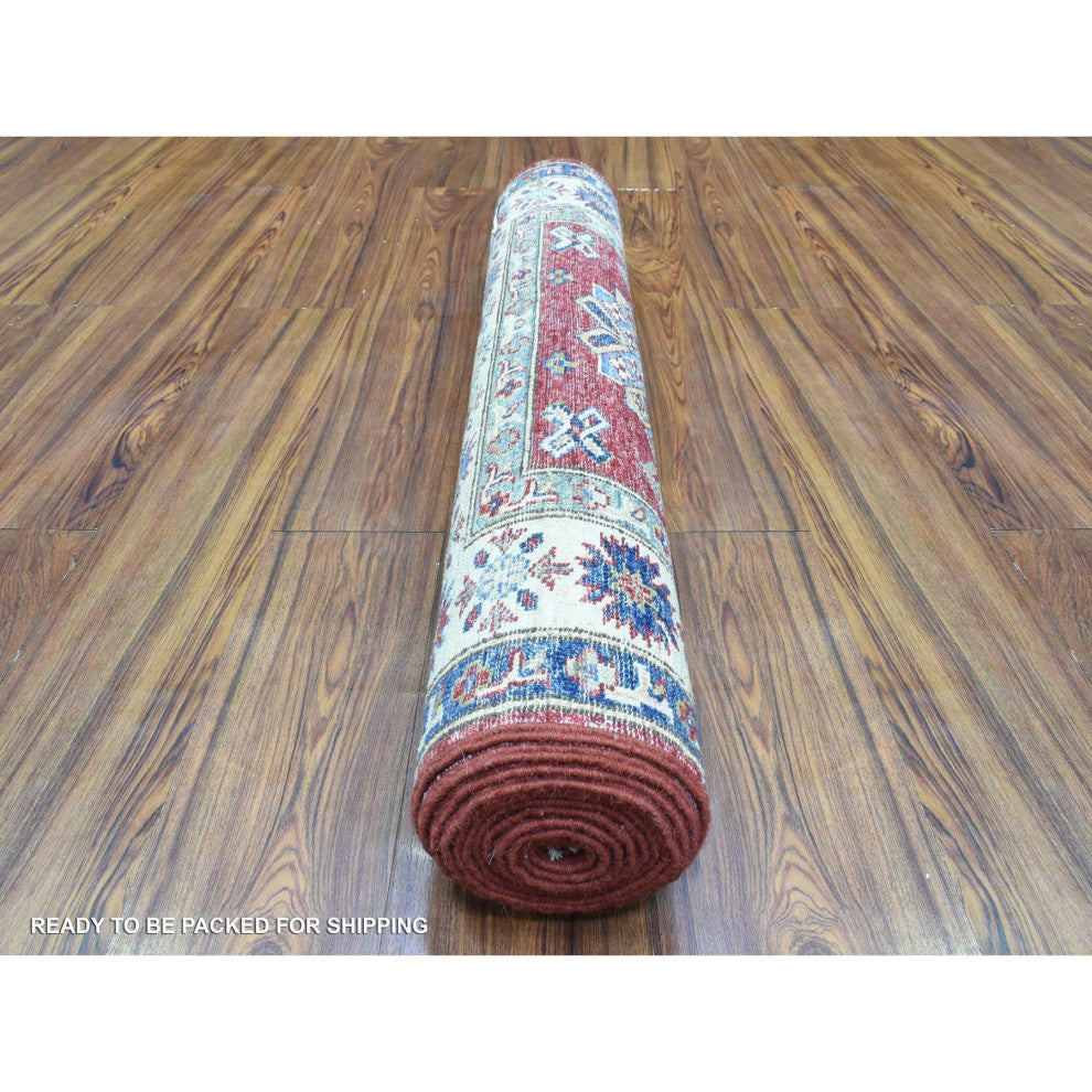 Red Hand Knotted Wool, Super Kazak Geometric Medallion, Runner Rug, 3'0"x11'0"
