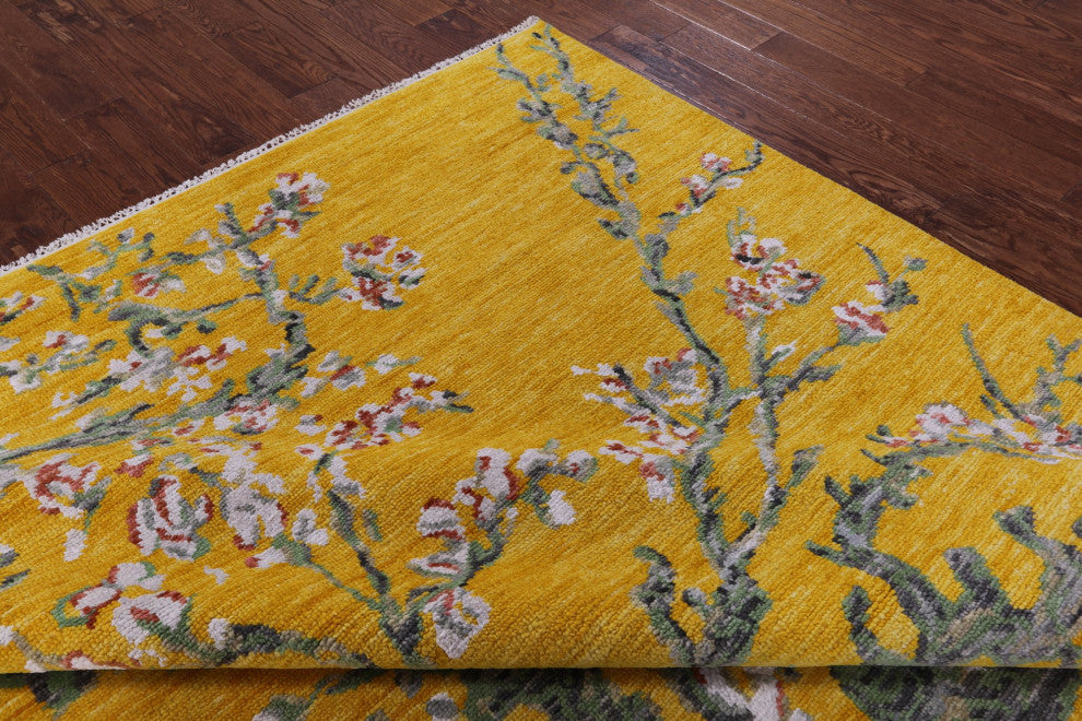 8' Square Almond Blossoms Design Handmade Modern Wool Rug Q11694