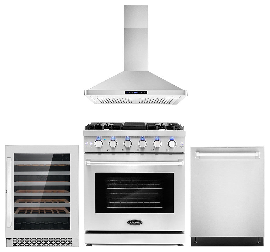 4-Piece, 30" Gas Range, Range Hood, Dishwasher and 48 Bottle Wine Cooler