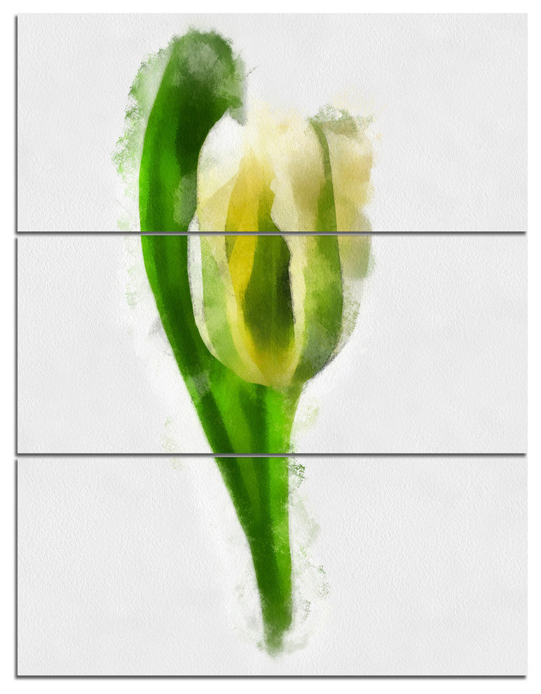 White Tulip with Green Leaves, Floral Triptych Canvas Artwork, 28x36, 3 Panels