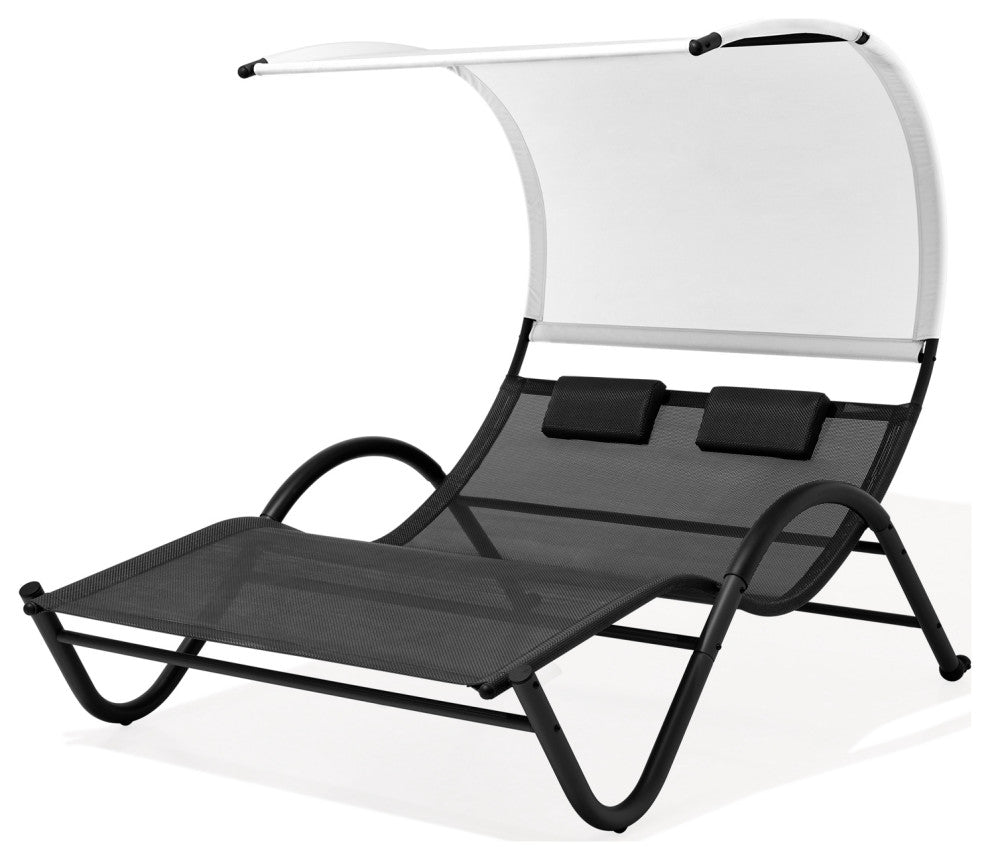 Patio Double Chaise Lounge, Outdoor Tanning Daybed Lounger, Black