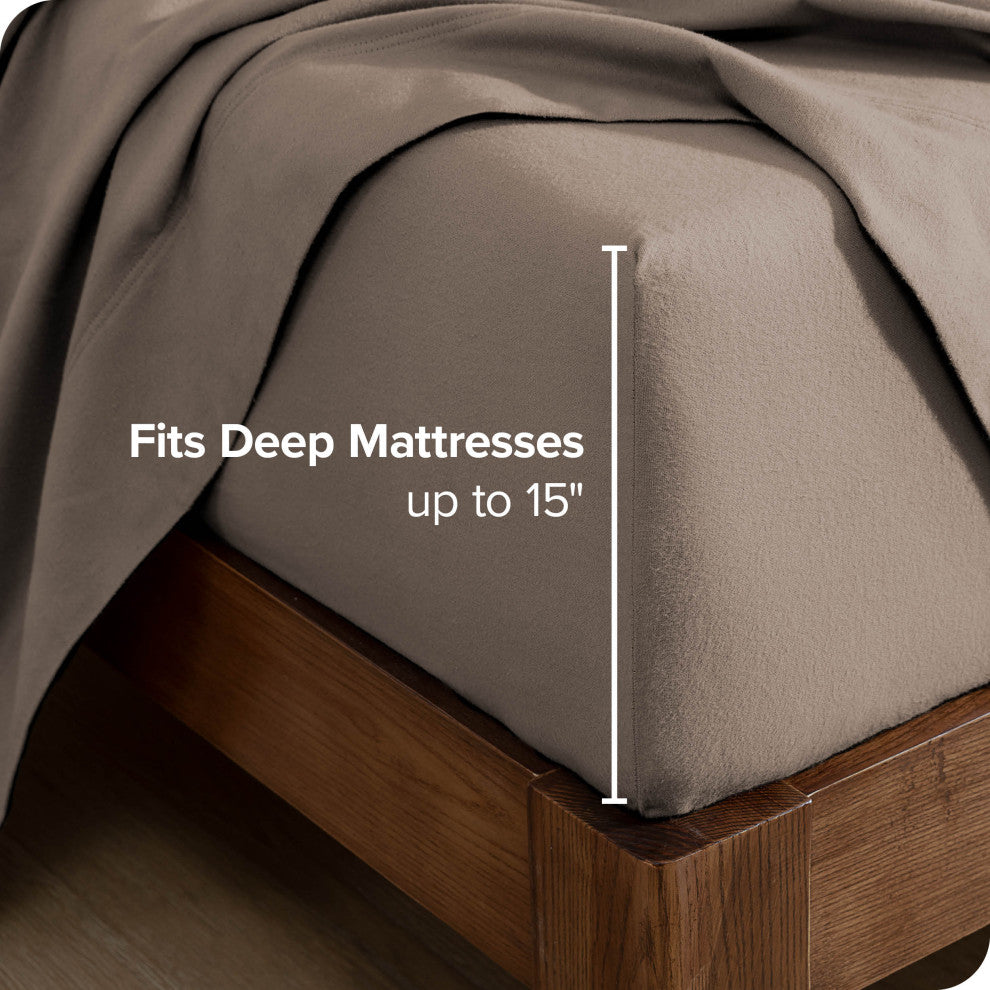 Bare Home Flannel Fitted Bottom Sheet, Taupe, Split King, Single Sheet