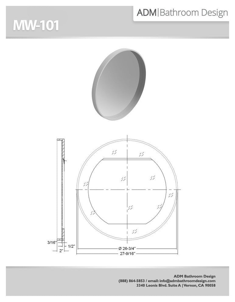 ADM Circular Framed Wall Mounted Mirror, Glossy White, 28