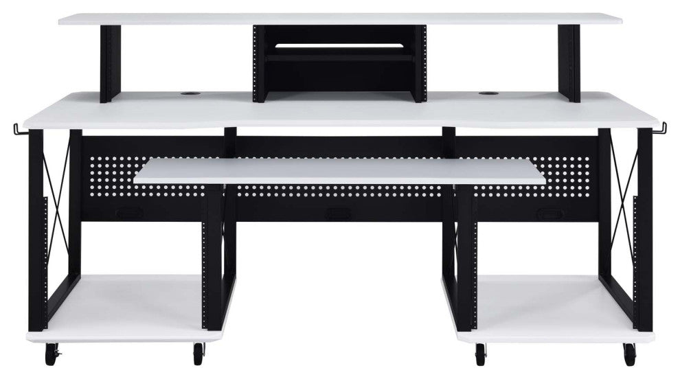 Rectangular Music Desk Table With Wheels, White and Black