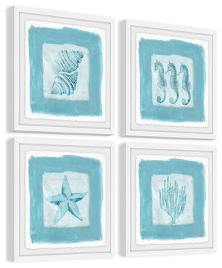 "Sea Life Blue Quadriptych" Framed Painting Prints, 24"x24", 4-Piece Set