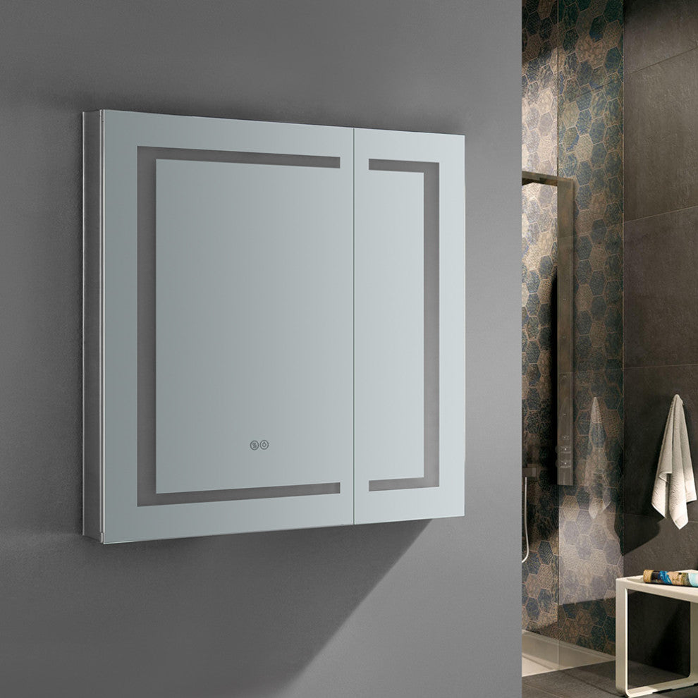 Spazio Bathroom Medicine Cabinet With LED Lighting and Defogger, 30"x30"