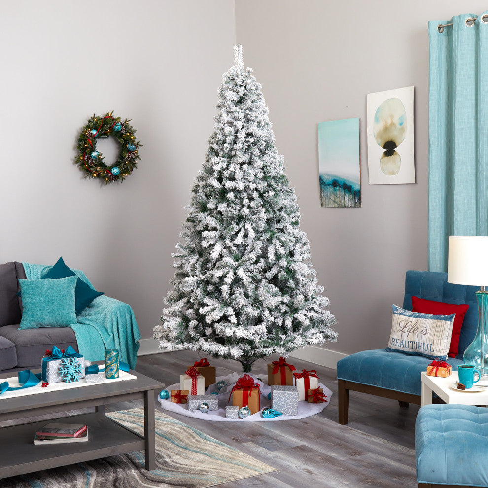 8' Flocked Rock Springs Spruce Faux Xmas Tree W/Lights & Bendable Branches