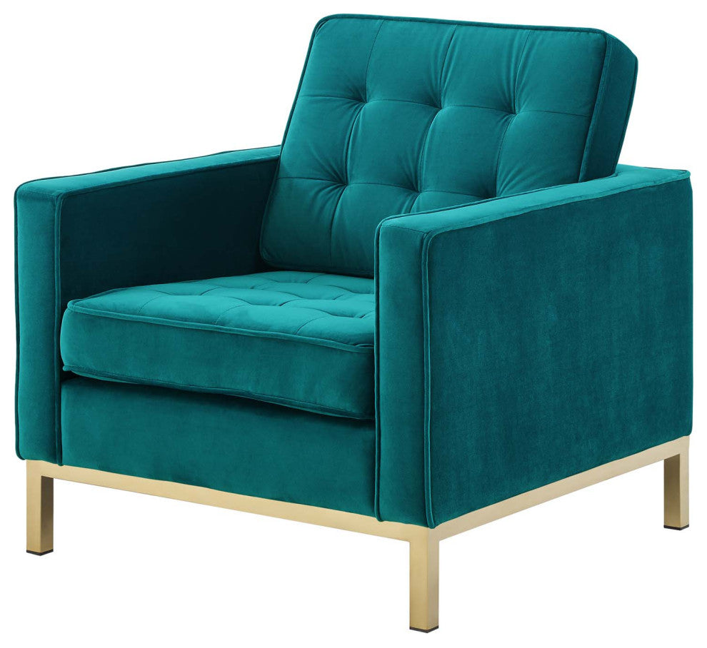 Modern Lounge Accent Side Chair Armchair, Velvet Fabric, Gold Aqua Blue