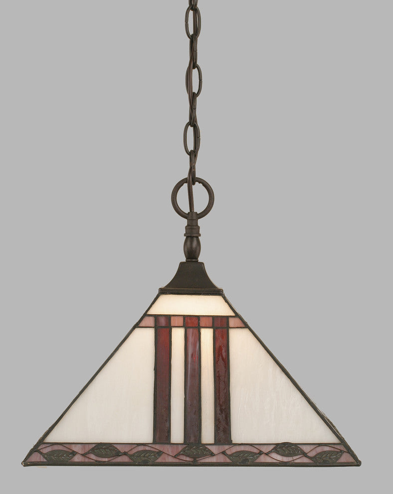 Chain Hung Pendant In Dark Granite, 14" Purple and Metal Leaf Tiffany Glass