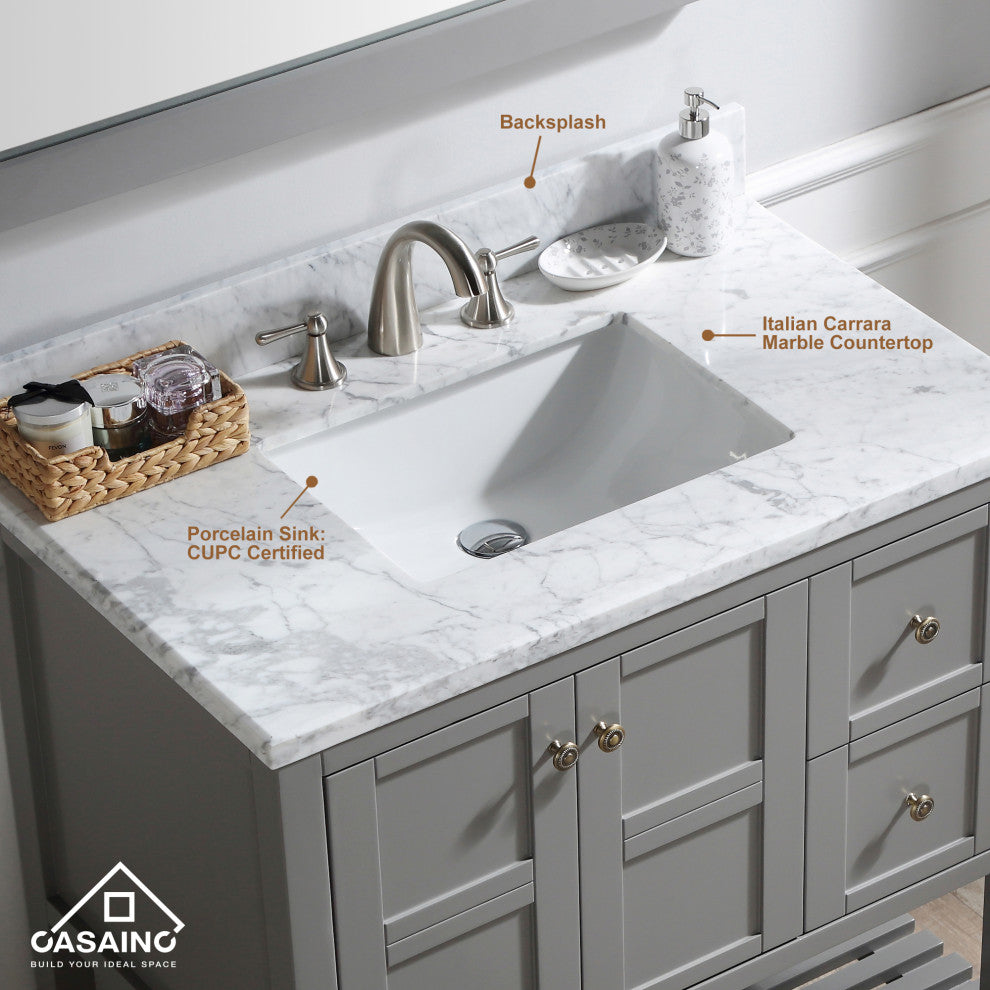 CASAINC 36" Marble Top Single Sink Bathroom Vanity, Gray