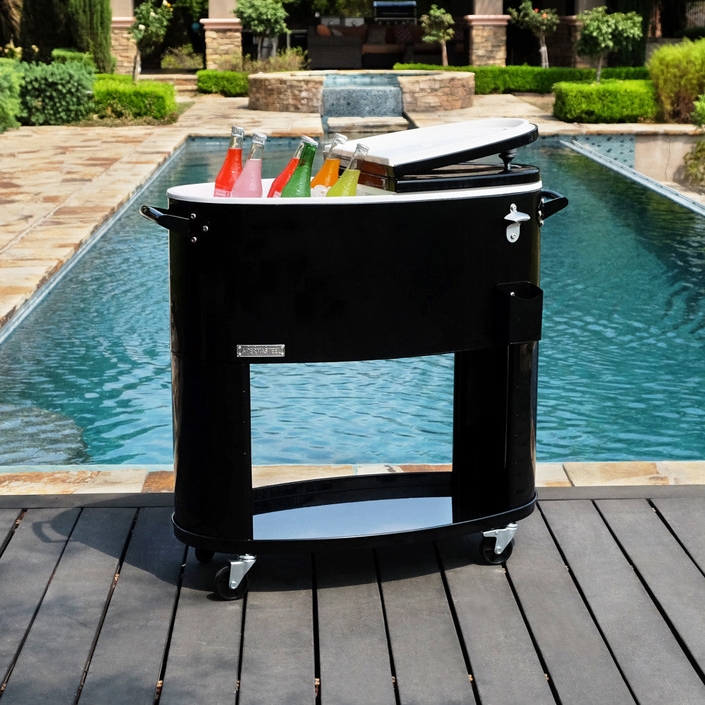 Permasteel 80 Quart Portable Rolling Oval Patio Cooler, Black