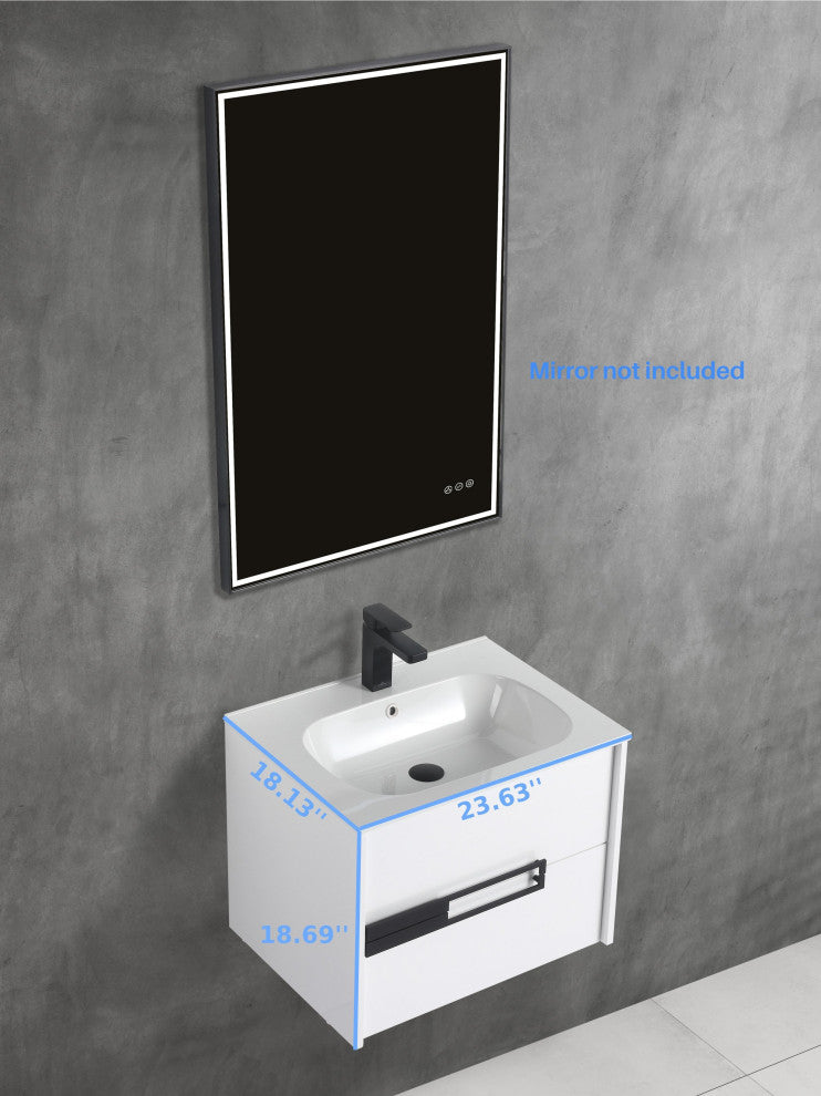 Brest Floating Bath Vanity with Sink, Wall Mounted Vanity and Sink, Glossy White, 24''
