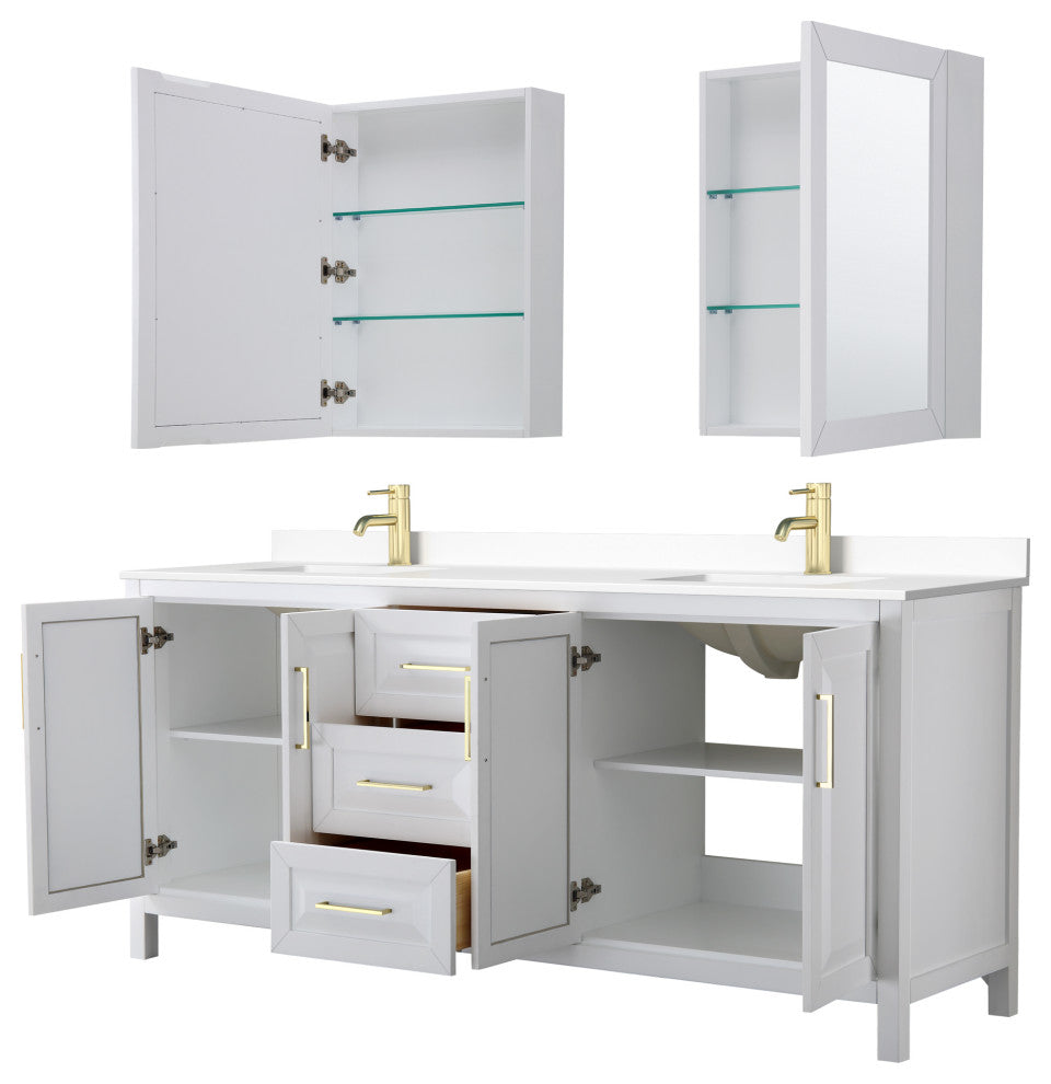 80"DBL Vanity White, White Cult. Marble Top, Sinks, Med. Cabinets, Gold Trim