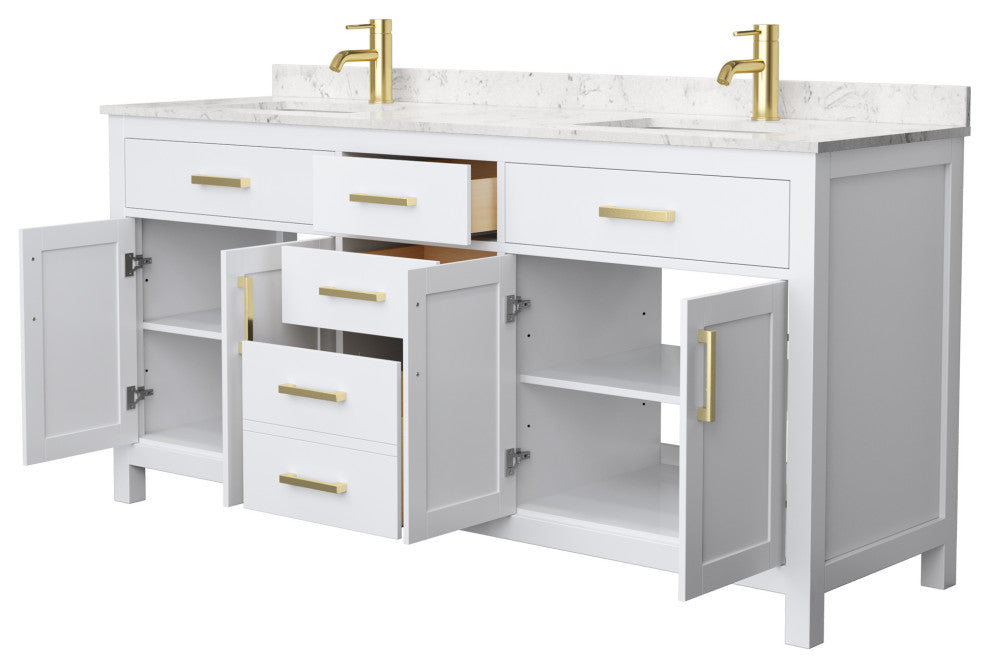 72"DBL Bath Vanity White, Carrara Cult. Marble Countertop, Sinks, Gold Trim