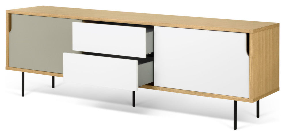 Modern Long Wood 2 Tone Sideboard , White/Grey Door, Steel Leg