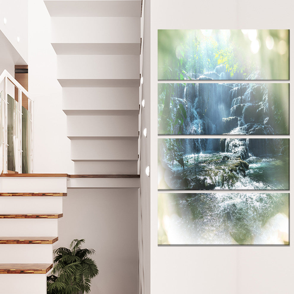 Fantastic Waterfall in Mexico Jungle, Landscape Canvas Art, 28"x48", 4 Panels