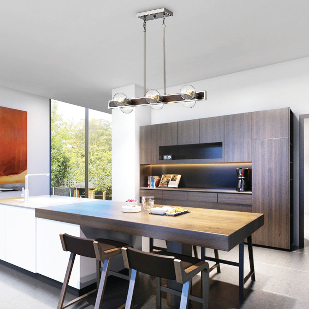 6-Light Brushed Nickel and Wood Finish Island Linear Industrial Chandelier