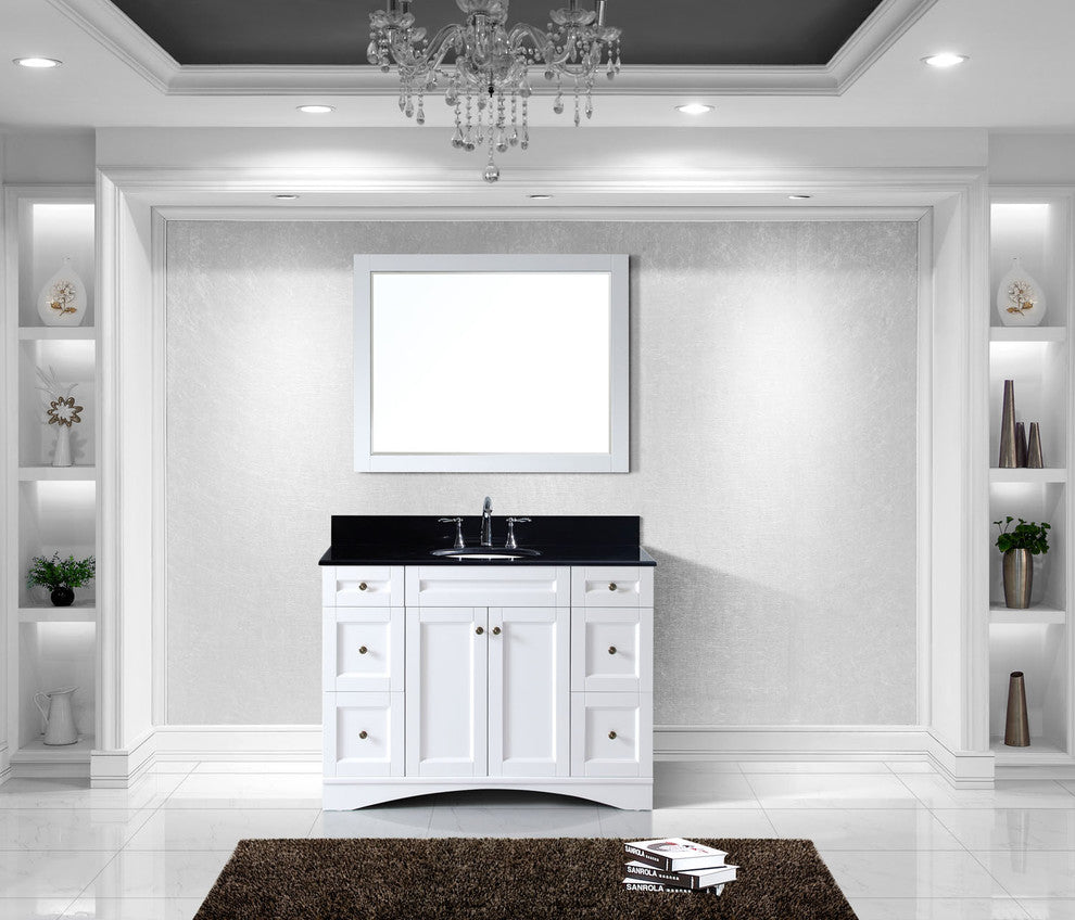 Virtu Elise 48" Single Bathroom Vanity, White, Black Granite Top, Mirror