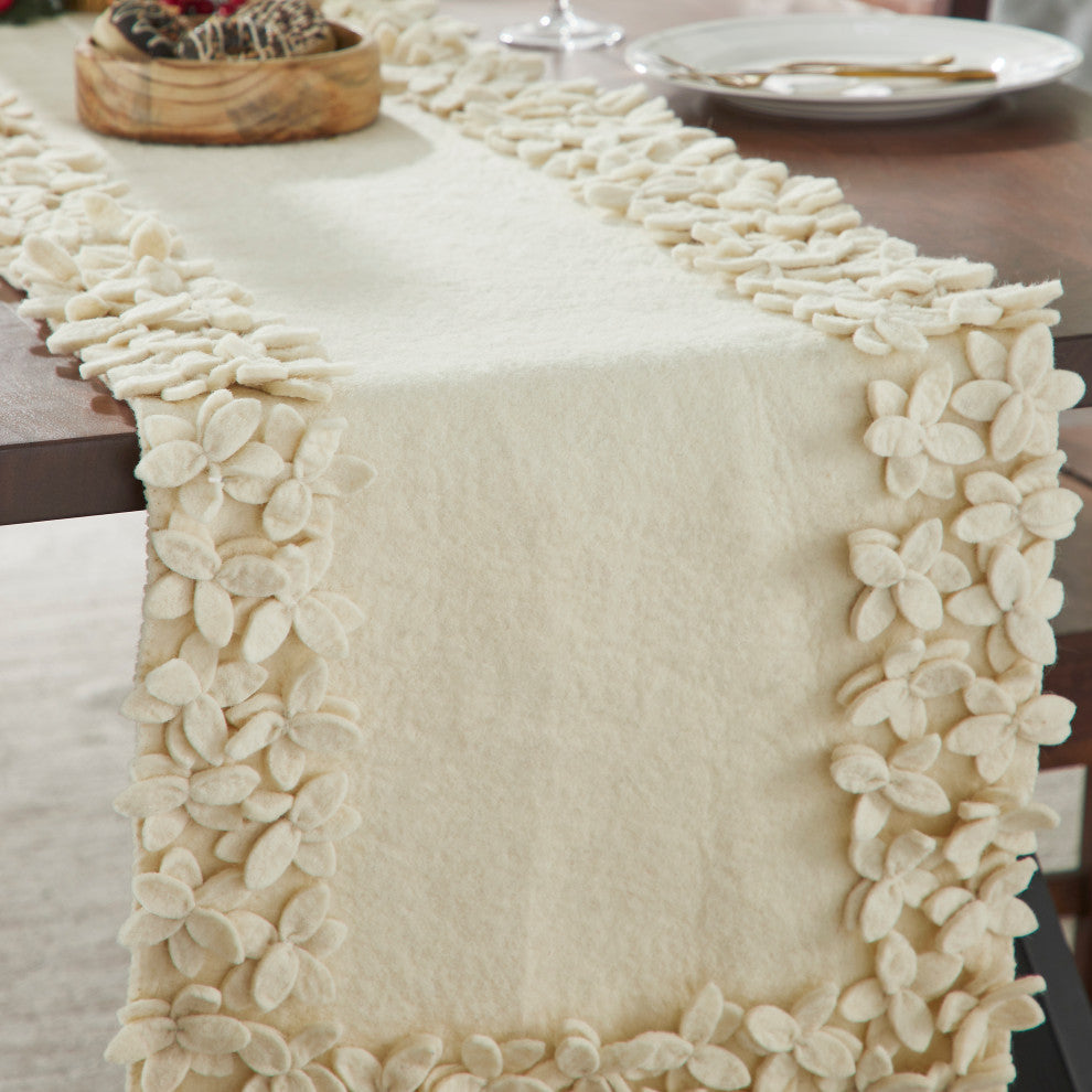 Hand Felted Wool Floral Border Table Runner in Cream, 16x90"
