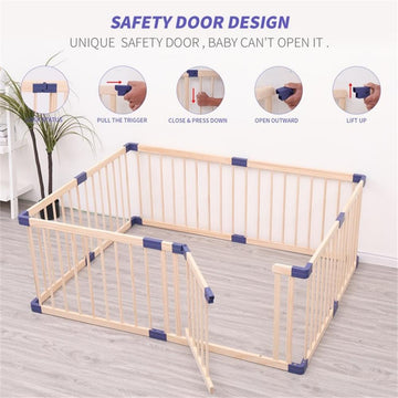 Pemberly Row Modern Baby Wood Safety Gate with Blue connector