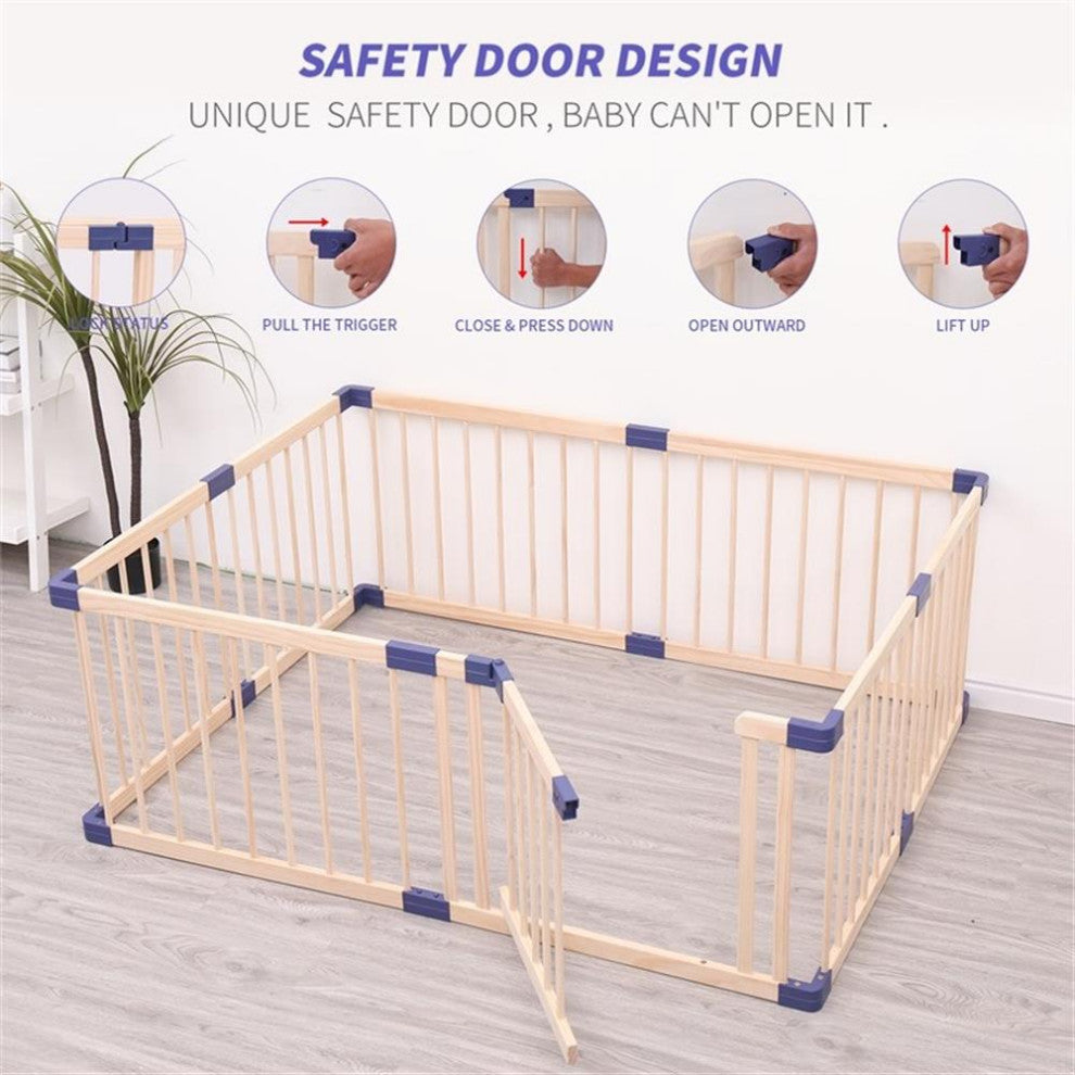 Pemberly Row Modern Baby Wood Safety Gate with Blue connector