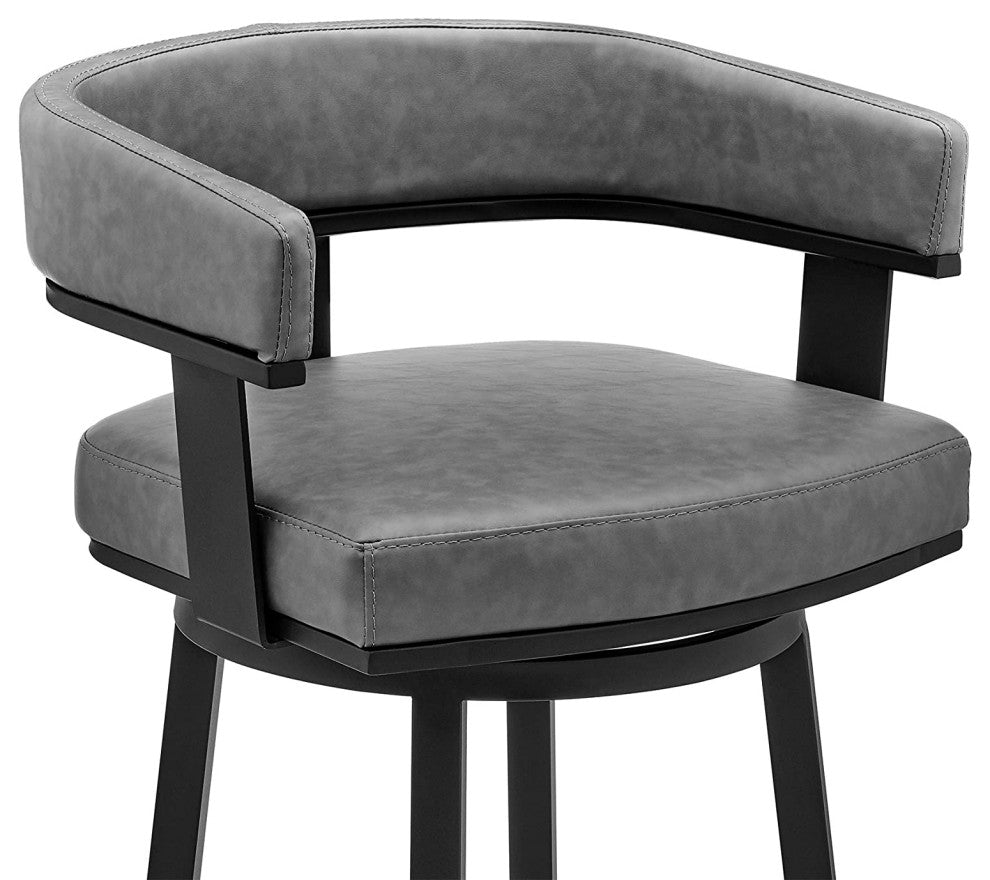 Modern Counter Stool, Iron Legs With PU Seat and Curved Back, Grey/Black
