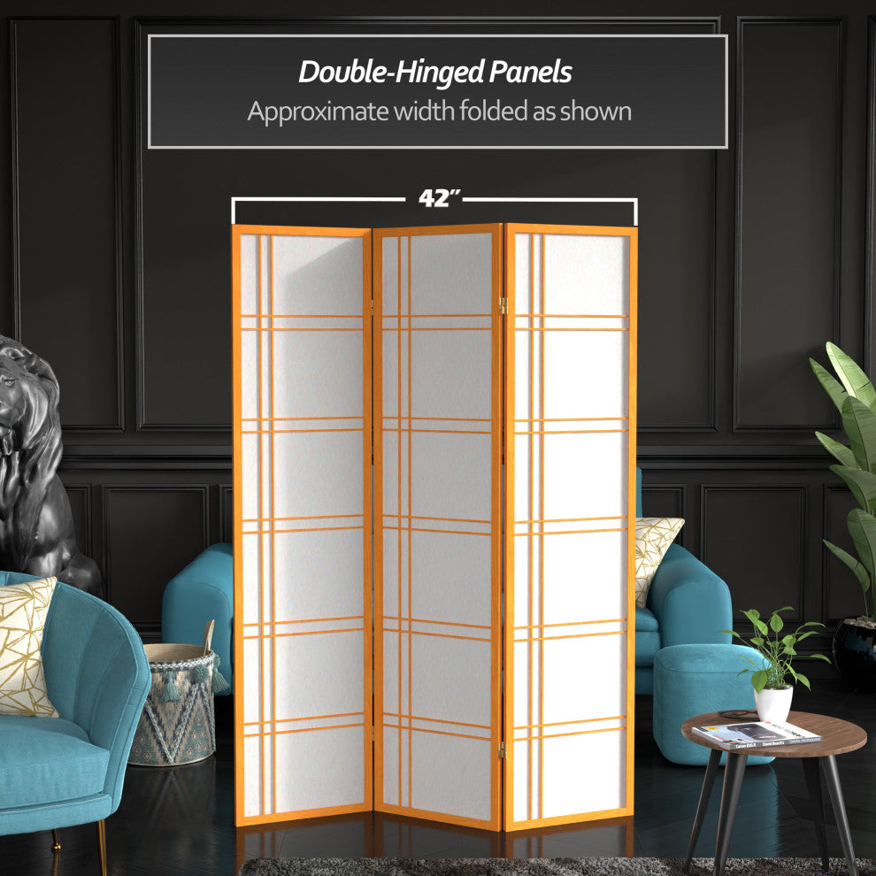 6' Tall Double Cross Shoji Screen, Honey, 3 Panels