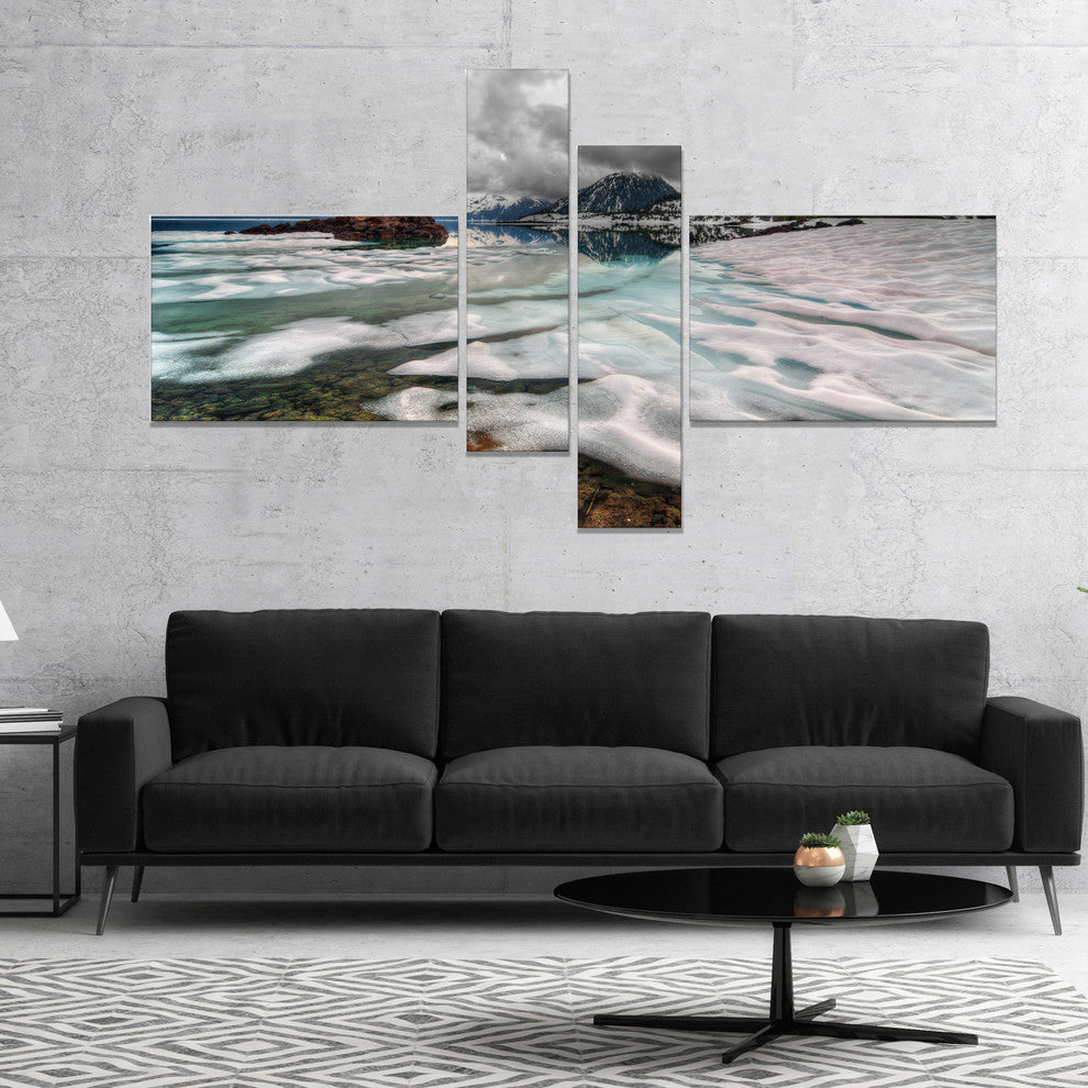 Frozen Mountain Lake Shore, Large Landscape Canvas Art, 60"x32", 4 panels