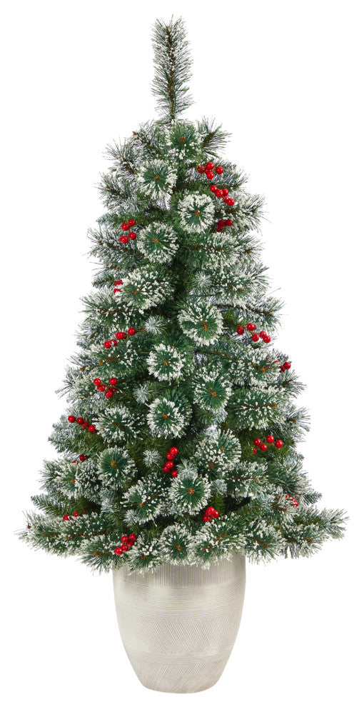 50" Frosted Swiss Pine Faux Xmas Tree W/100 Clear Lights & Berries, Planter